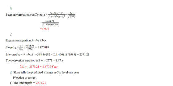 b) Pearson correlation coefficient r- (X-r) - 7LY 9) ,4-Sy 4044.75 V2750 6032.214 0.993 c) Regression equation y Do + bX bi =는=407575 = 1.470818 Intercept bo-У-biX -34836182-(0.1.4708 18*1985)--2571.21 The regression equation is y -2571 1.47 x Co2 -2571.21+1.4708 Year d) Slope tells the predicted change in Co2 level one year 1st option is correct e) The Interceptis 2571.21
