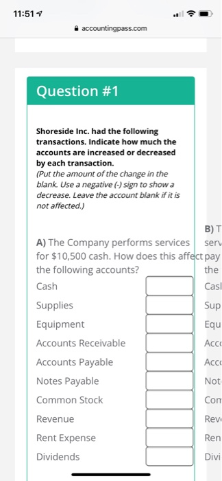 11:51 Question #1 Shoreside Inc. had the following transactions. Indicate how much the accounts are increased or decreased by each transaction. (Put the amount of the change in the blank. Use a negative (-) sign to show a decrease. Leave the account blank if it is not affected.) B) T A) The Company performs services sev for $10,500 cash. How does this affect pay the Cas the following accounts? Cash Supplies Equipment Accounts Receivable Accounts Payable Notes Payable Common Stock Revenue Rent Expense Dividends Sup Equ Acc Acc Not Com Rev Ren Divi