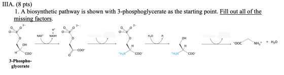 IIIA. (8 pts) 1. A biosynthetic pathway is shown with 3-phosphoglycerate as the starting point. Fill out all of the missing f