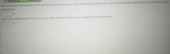 Assume that the risk-free rate is 4.5% and the market risk premium is 3%. What is the required return for the overall stock m