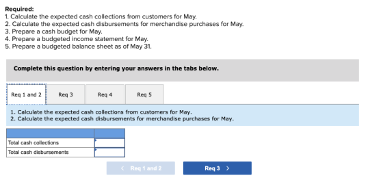 Required: 1. Calculate the expected cash collections from customers for May. 2. Calculate the expected cash disbursements for