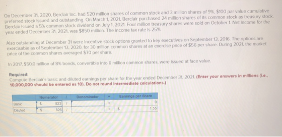 On December 31, 2020, Berclair Inc. had 520 million shares of common stock and 3 million shares of 9%, $100 par value cumulat