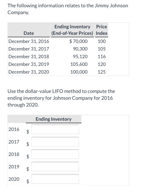 The following information relates to the Jimmy Johnson Company. Ending Inventory Price Date (End-of-Year Prices) Index Decemb