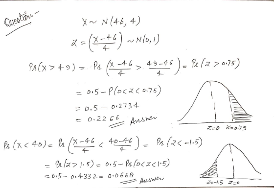 Question - Z x - 46 4 X~ N(46, 4) 5) ~N10,1) Palx>49) -- Ps (**67.4924) – P2 (z 70,75) 015-Ploc (0.75) = 0.5 – 012734 0.2266