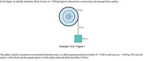 In the figure, an initially stationary block of mass m= 3.00 kg begins to descend as a connecting cord unwraps from a pulley.