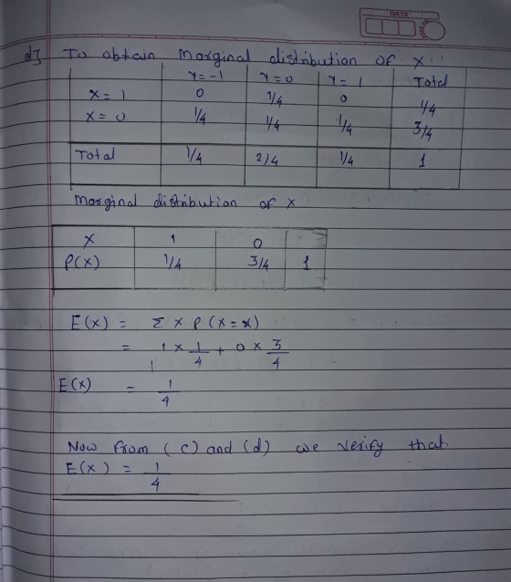 CAT ed To obtain marginal distribution of you Total YO O 14 44 3/4 Total 2/4 1 Marginal distribution of X 1 Х P(x) 314 e F(x)