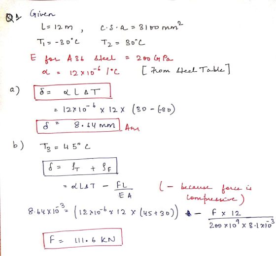 Q 1 Given L=12m , c.s.a=3100 mm² Ti=-30°c T2 = 3000 E for A 36 steel = 200 G Pa a = 128106 1°C [From Steel Table] a) 182 alat