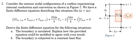 Consider the interior nodal configuration of a surface experiencing internal conduction and convection as shown in Figure 2. We have a finite-difference equation describing this situation (for Δχ Δ 2. Ay m, n Tso, h m-1, n m,n = 0 Derive the finite-difference equation for the following situations: a. The boundary is insulated. Explain how the provided m, n-1 Ax equation could be modified to agree with your result. b. The boundary is subjected to a constant heat flux. Figure 2