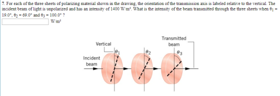 7. For each of the three sheets of polarizing material shown in the drawing, the orientation of the transmission axis is labe