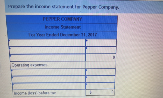 Prepare the income statement for Pepper Company. PEPPER COMPANY Income Statement For Year Ended December 31, 2017 Operating e