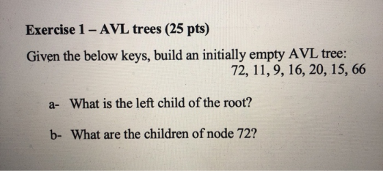 Exercise 1 - AVL trees (25 pts) Given the below keys, build an initially empty AVL tree: 72, 11, 9, 16, 20, 15, 66 a- What is