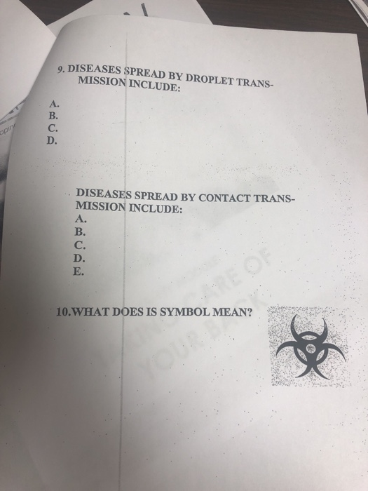 9. DISEASES SPREAD BY DROPLET TRANS- MISSION INCLUDE A. B. C. D. DISEASES SPREAD BY CONTACT TRANS- MISSION INCLUDE A. B. C. D. E. 10.WHAT DOES IS SYMBOL MEAN? ごra