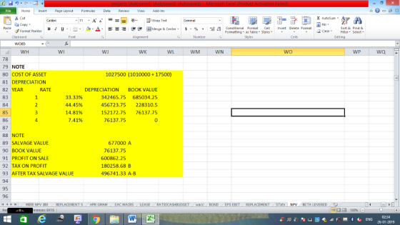 Home nert Page Layout Formulas Data Review View dd-Ins Cut Σ AutoSum ー E ゴWrap Text ta copy. в 1 프 . Ej-., Δ. : rーー 逻锂函Merge & Center. $, % , 弼,8 C Paste Conditional Format CeInsert Delete Format Formatting, as Table w styles. ▼ ㆆ ▼ Sort &Find & 2 ClearFe Select Edting Format Painter Clipboard Alignment Number Cells Wo85 WH WI WI WK WL WM WN WO WP 78 79 NOTE 80 COST OF ASSET 81 DEPRECIATION 82 YEAR 83 84 85 86 87 88 NOTE 89 SALVAGE VALUE 90 BOOK VALUE 91 PROFIT ON SALE 92 TAX ON PROFIT 93 AFTER TAX SALVAGE VALUE 94 95 96 (4 トト 1027500 (1010000 + 17500) RATE 33.33% 44.45% 14.81% 7.41% DEPRECIATION BOOK VALUE 342465.75 685034.25 456723.75 228310.5 152172.75 76137.75 0 4 76137.75 677000A 76137.75 600862.25 180258.68 B 496741.33 A-B , MIRR NPV İRR REPLACEMENT S HPR GMAM EAC MACRS LEASE- RATIOCASHBUDGET / wacc , BOND EPS EBIT REPLACEMENT (STats | NPV . BETA LEVERED 9う - - rences: DX15 130% 26-01-2019