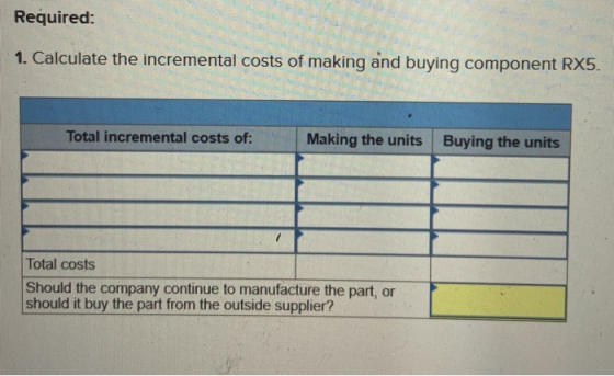 Required: 1. Calculate the incremental costs of making and buying component RX5. Total incremental costs of: Making the units