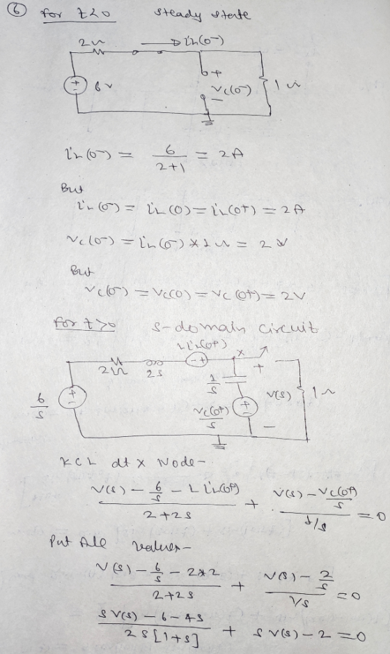 for 220 steady sterte Din(6-) W (o) (۱ in (0) = 6 = 2A But in 6) = ln (o)= licot) = 2A (0) = in 6)*2 u= 20 But co=Vco) = vc o