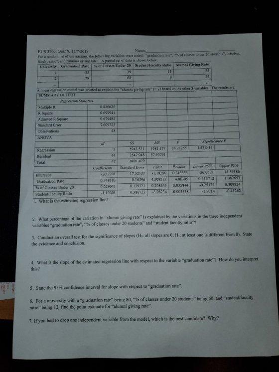 BUS 3700. Quiz 9. 11/7/2019 Name: For a random list of universities, the following variables were noted: graduation rate, fa