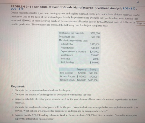 PROBLEM 3-14 Schedule of Cost of Goods Manufactured; Overhead Analysis LO3-3, LO3-4 Gitano Products operates a job-order cost