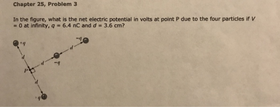 Chapter 25, Problem 3 In the figure, what is the net electric potential in volts at point P due to the four particles if V -0
