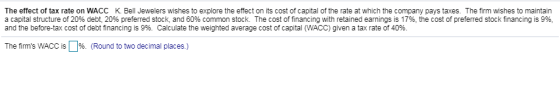 The effect of tax rate on WACC K. Bell Jewelers wishes to explore the effect on its cost of capital of the rate at which the
