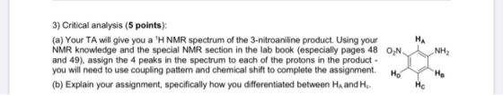 I NH 3) Critical analysis (5 points): (a) Your TA will give you a H NMR spectrum of the 3-nitroaniline product. Using your N
