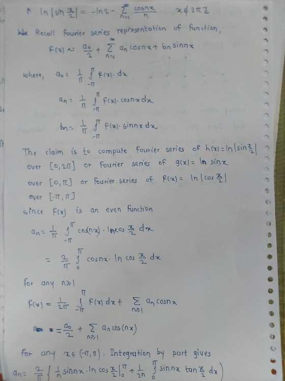 he Recall four rier series representation of function F(x) sinnx dx - IT The claim is t。compute fourier series oehrt,In Isin