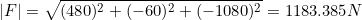 \small \left | F \right |=\sqrt{(480)^{2}+(-60)^{2}+(-1080)^{2}}=1183.385N