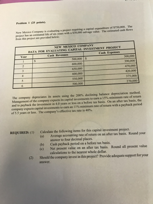 Problem 1 (25 points). New Mexico Company is evaluating a project requiring a capital expenditure of $750,000. The project ha