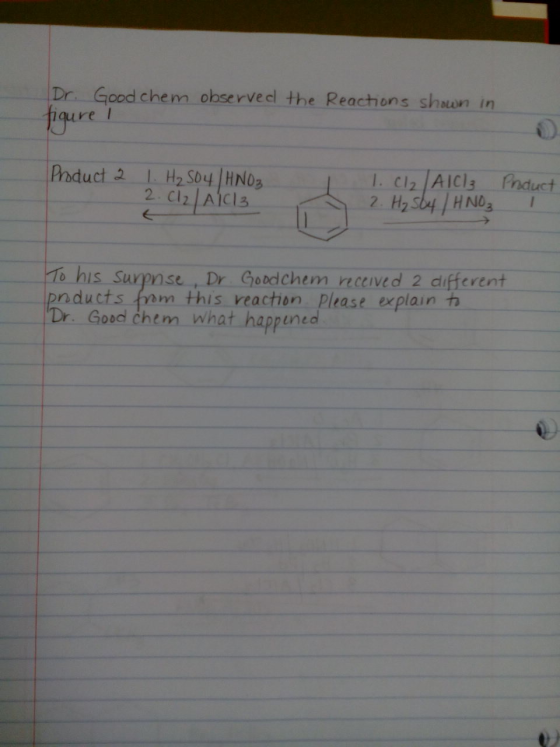 Dr. Good chem observed the Reactions shown in figure I Product 2 1. H₂SO4/HNO3 2.0l2/AC3 1. CI2 AICI: Pnduct 2. H₂ Sby / HNO₃