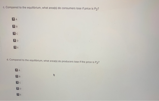 c. Compared to the equilibrium, what area(s) do consumers lose if price is P2? A B ?c ?D E d. Compared to the equilibrium, wh
