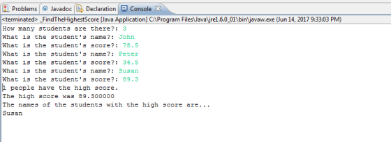 Problems JavadocDeclaration Console <terminated> _FindTheHighestScore [Java Application] C:Program Filesarel.6.0_01\binljavaw