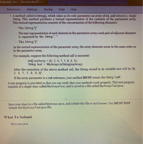 Protected View - Saved to this PC References Mailings Review View Help A method called toString(), which takes as its only pa