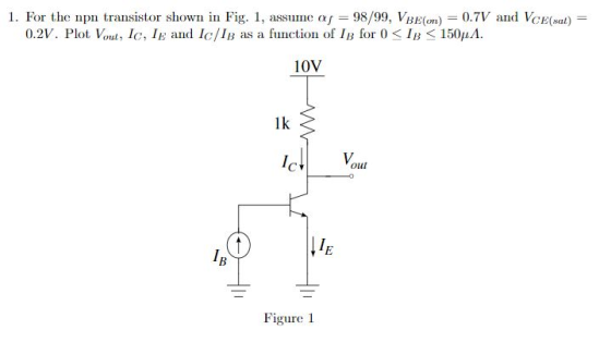 1. For the npn transistor shown in Fig. 1, assue a 98/99, V)0.7V and VCE(sal) 0.2V. Plot Voul, lc, IE ald Ic/IB as a function of IB for 0 < 1B < 150??. 10V 1k Figure 1