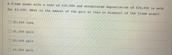 A fixed asset with a cost of $30,000 and accumulated depreciation of $28,000 is sold for $3,500. What is the amount of the ga