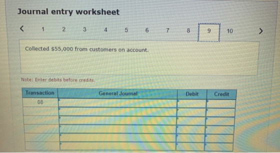 Journal entry worksheet < 1 2 3 4 5 6 7 7 8 9 10 Collected $55,000 from customers on account. Note: Enter debits before credi