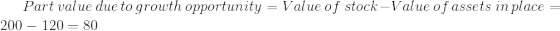 Part\, value\, due\, to\, growth\, opportunity = Value\, of\; stock\: -\: Value\, of\, assets\, in\, place =\, 200-120 =80