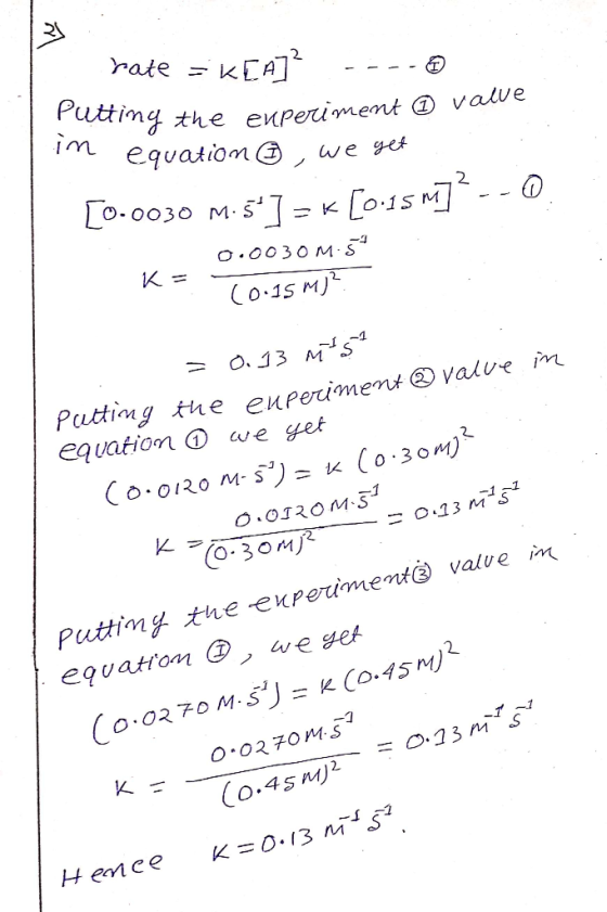 rate = K[A]? ----0 utting the experiment o valve in equation , we get (0.0030 M.5+7=Klo:15 m]--0 Ke 0.0030M 57 (0.15 m)? = 0.