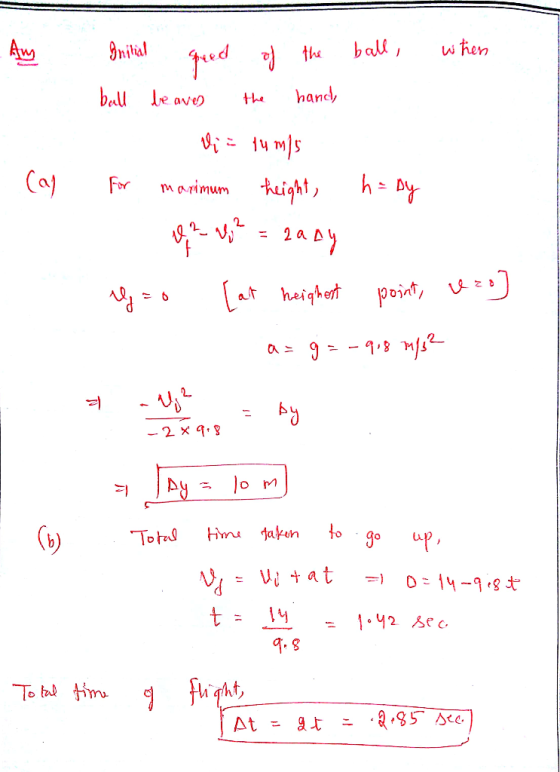 when Initial pred ball be aves of the ball, the hand, Vi = fumos maximum height, Cal for h= by ig=0 [at heighest point, vzo]