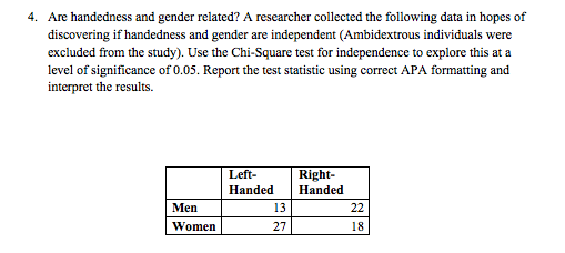 4. Are handedness and gender related? A researcher collected the following data in hopes of discovering if handedness and gen