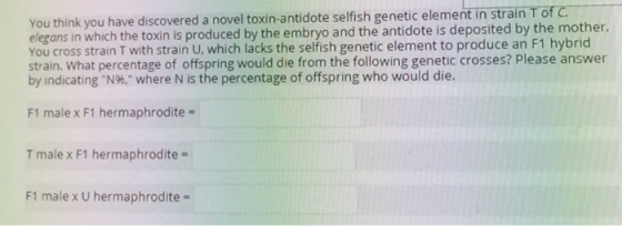 You think you have discovered a novel toxin-antidote selfish genetic element in strain T elegans in which the toxin is produced by the embryo and the antidote is deposited by the mother. You cross strain T with strain U, which lacks the selfish genetic element to produce an F1 hybrid strain. What percentage of offspring would die from the following genetic crosses? Please answer by indicatingN96, where N is the percentage of offspring who would die. F1 male x F1 hermaphrodite T male x F1 hermaphrodite F1 male x U hermaphrodite