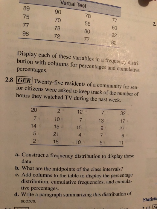 Verbal Test 90 70 78 72 89 75 78 56 80 2. 60 92 82 98 Display each of these variables in a frequency distri- bution with columns for percentages and cumulative percentages 2.8 GER Twenty-five residents of a community for sen- ior citizens were asked to keep track of the number of hours they watched TV during the past week. 20 2 10 15 21 18 12 32 7 13 17 14 15 4 10 27 2 5 11 a. Conastruet a frecquelay be data b. What are the midpoints of the class intervals? e. Add columns to the table to display the percentage distribution, cumulative frequencies, and cumula- tive percentages. d. Write a paragraph summarizing this distribution of Statisti scores. 11 IS