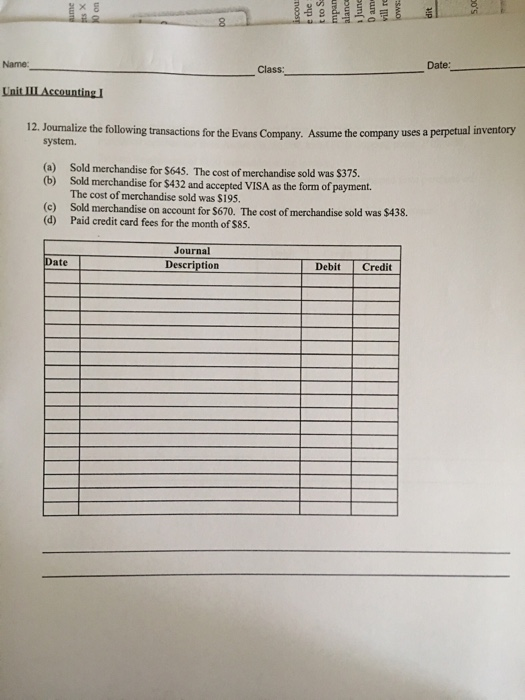 iscou the ttS und alance June Dam ows 5.00 dit Name: Class: Date: Unit II Accounting / 12. Journalize the following transacti