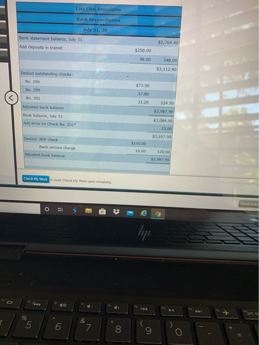 Lisa Chai Associates Bank Reconciliation July 31, 20 Bank statement balance, July 31 Add deposits in transit $2,764.40 $250.0