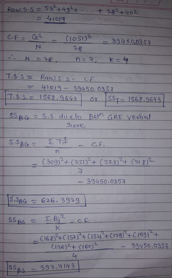 Raw s.s= 532+42 + = 41019 + 282+402 (1051)2 CF = GR N 39450,0357 28 N = 28, n=9, K = 49 T.S.s= Raw sos- 41019 - 39450.0357 IT