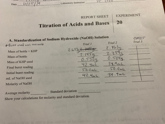 Date 10/25 /19 Laboratory Instructor DC. (200 REPORT SHEET Titration of Acids and Bases EXPERIMENT 20 OMLT Trial 3 A. Standar