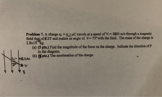 Problem 7. A charge qi=8.2 uC travels at a speed of V-1050 m/s through a magnetic field that of 6.2T and makes an angle of =