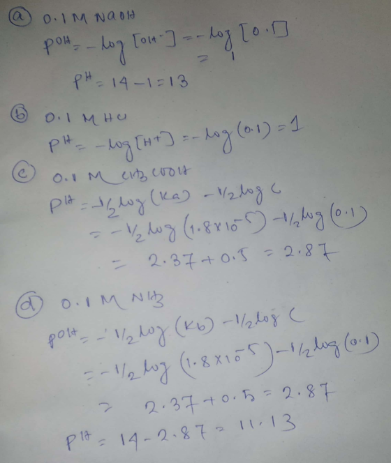 a) 0.IM Naold Pot - log [on-]- log to or PH= 14-1=13 6 0.1 MHO pH = -log[ht] =- log (6.1) - 1 ® on M eit oors pH = Glog (ka)