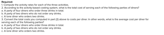 Required: 1. Compute the activity rates for each of the three activities. 2. According to the activity-based costing system,