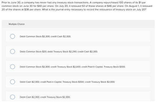 Prior to June 30, a company has never had any treasury stock transactions. A company repurchased 100 shares of its $1 par com