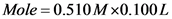 Mole =0.510 M x0.100L

