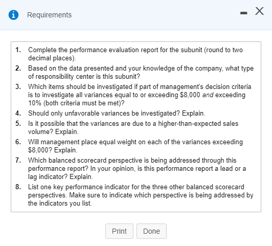 Requirements - X 1. Complete the performance evaluation report for the subunit (round to two decimal places) 2. Based on the